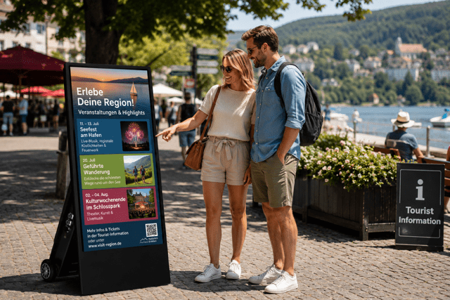 Digitaler Kundenstopper am See mit regionalen Veranstaltungshinweisen