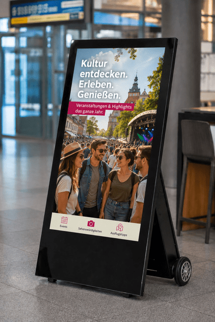 Digitaler Kundenstopper im Bahnhof mit Kulturveranstaltungen und Events