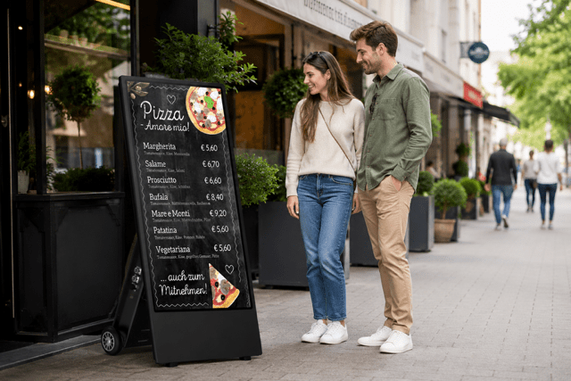 Digitaler Kundenstopper vor einem Restaurant mit Pizza-Speisekarte